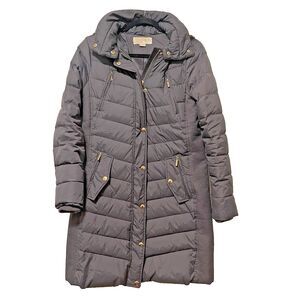 Michael Kors Faux-Fur Trim Hooded Down Puffer Coat Womens M Charcoal & Gold Zipp